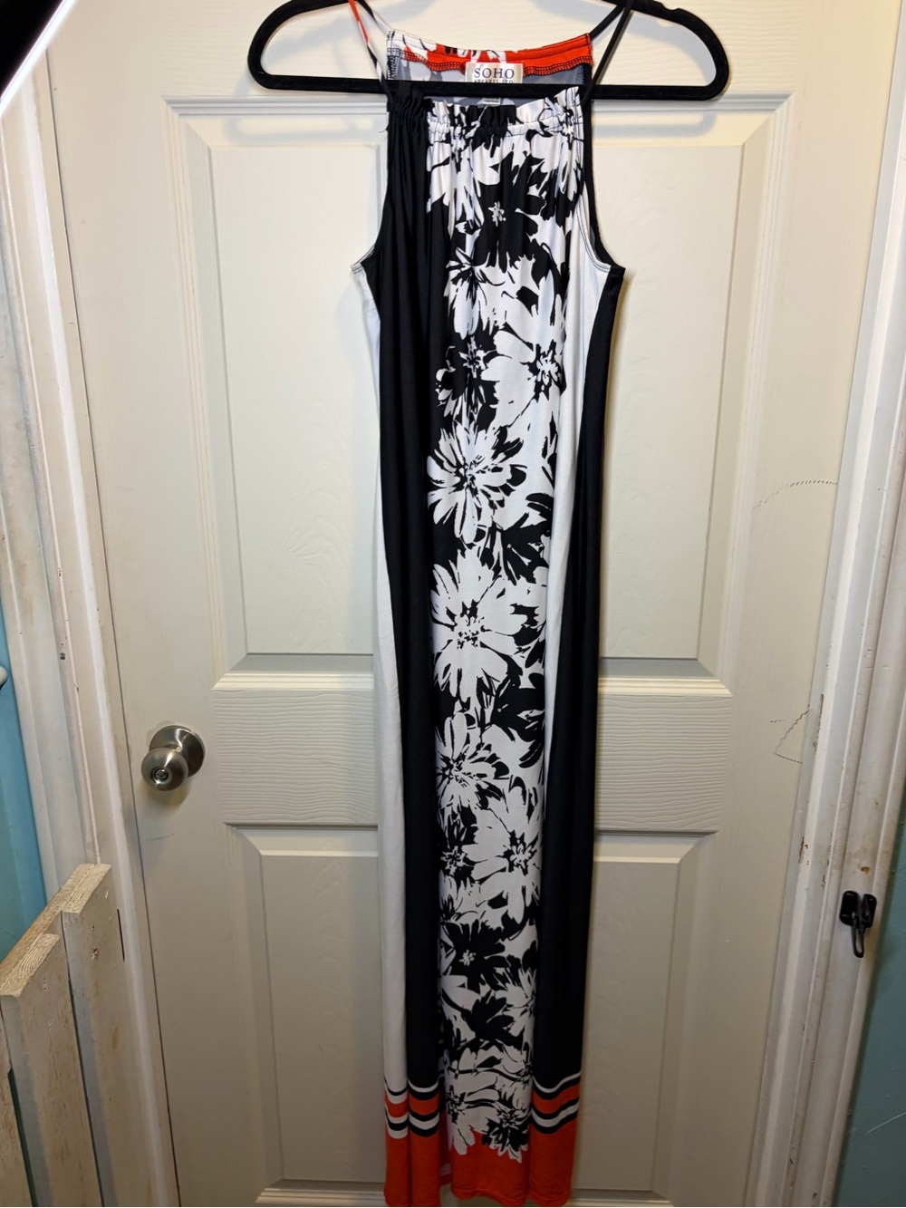 Soho Apparel Black White Floral Maxi Dress with Orange Trim
